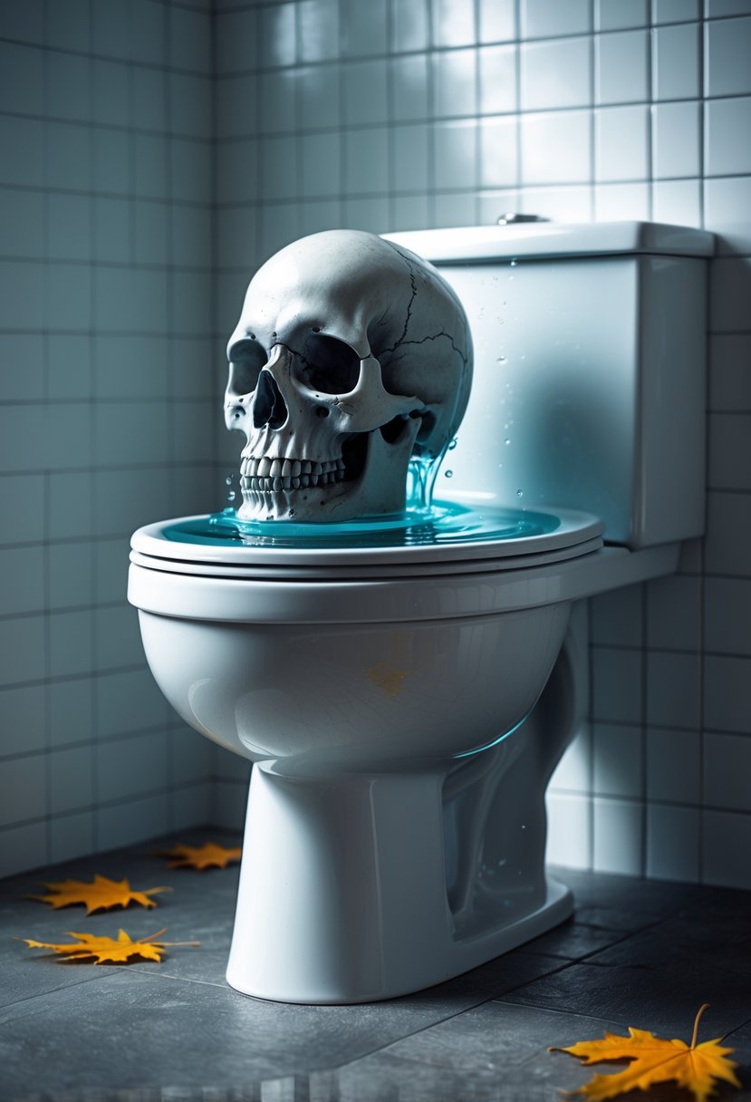 22 Halloween Bathroom Decor Ideas for a Spooky Seasonal Makeover 6 A skull emerging from a toilet bowl in a bathroom setting.