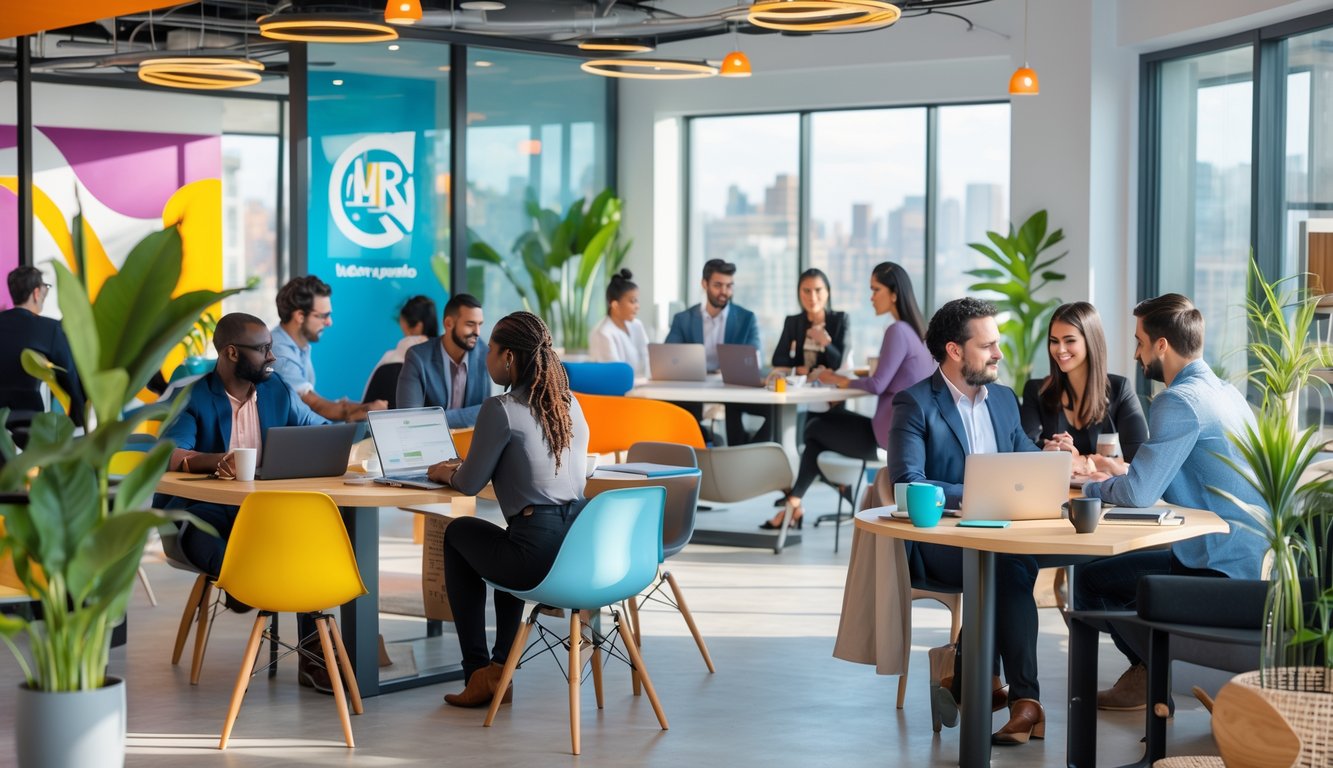 A modern coworking space with people working together at desks and sitting in small groups, surrounded by plants and bright natural light.