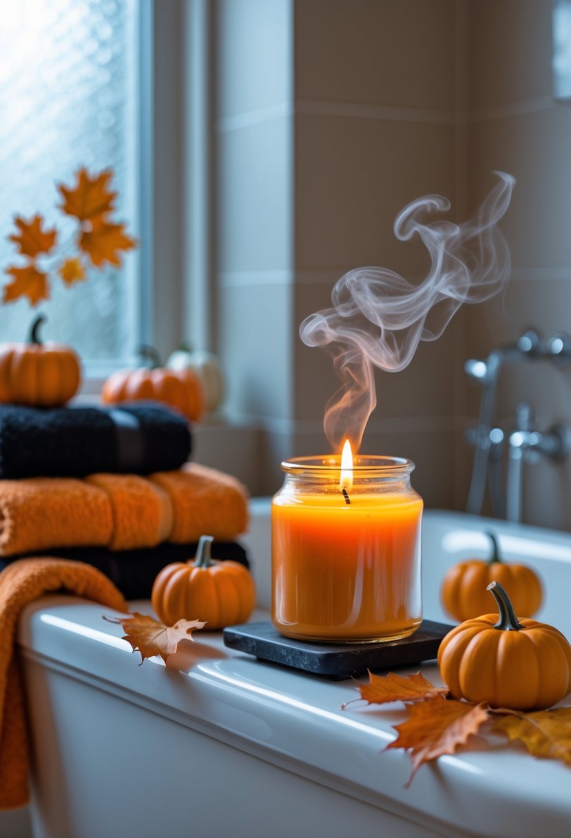 22 Halloween Bathroom Decor Ideas for a Spooky Seasonal Makeover 7 A lit pumpkin-scented candle on the edge of a bathtub with small pumpkins, autumn leaves, and towels in a bathroom.