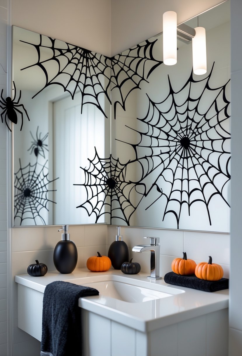 22 Halloween Bathroom Decor Ideas for a Spooky Seasonal Makeover 8 A bathroom with white walls decorated with black cobweb decals around the mirror and corners, with pumpkins and towels on the countertop.