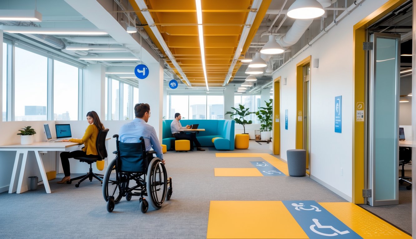 A modern coworking space with accessible features including wide pathways and a person in a wheelchair working alongside others.