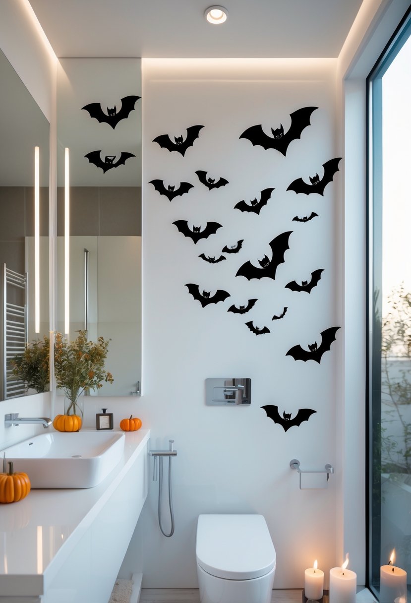 22 Halloween Bathroom Decor Ideas for a Spooky Seasonal Makeover 9 A bathroom decorated for Halloween with black bat wall stickers on white walls, a white sink, and Halloween accents on the countertop.