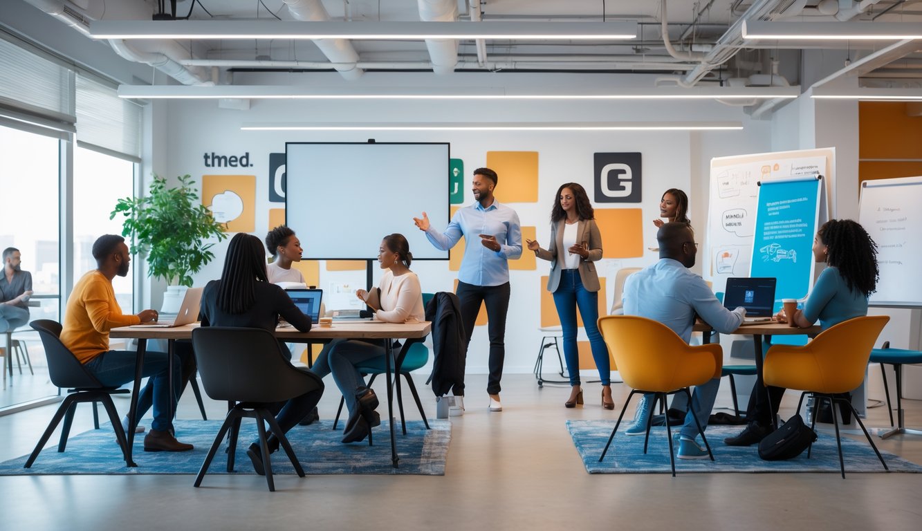 People collaborating and working together in a bright, modern coworking space with laptops and digital devices.