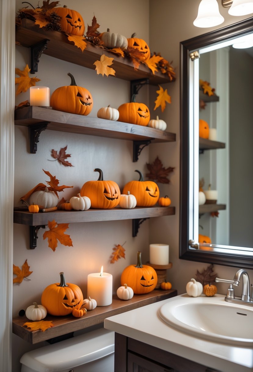 22 Halloween Bathroom Decor Ideas for a Spooky Seasonal Makeover 10 Bathroom shelves decorated with mini pumpkins and autumn-themed decorations.