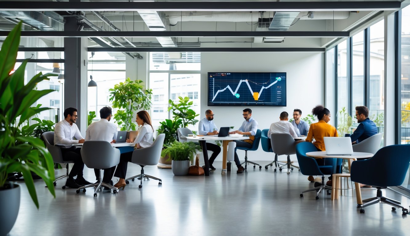 A bright coworking space with people working individually and collaborating in groups around tables with laptops and notebooks.