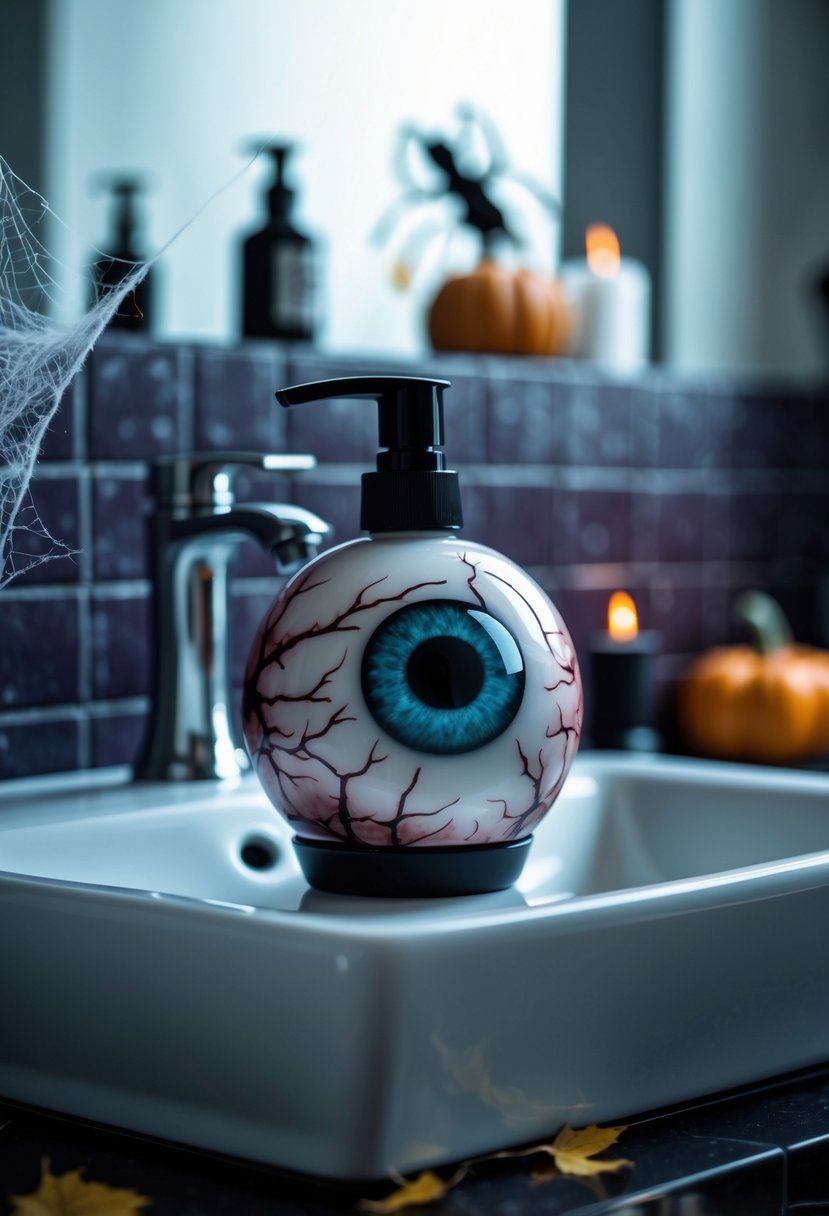 22 Halloween Bathroom Decor Ideas for a Spooky Seasonal Makeover 11 A creepy eyeball soap dispenser on a bathroom sink surrounded by Halloween decorations.