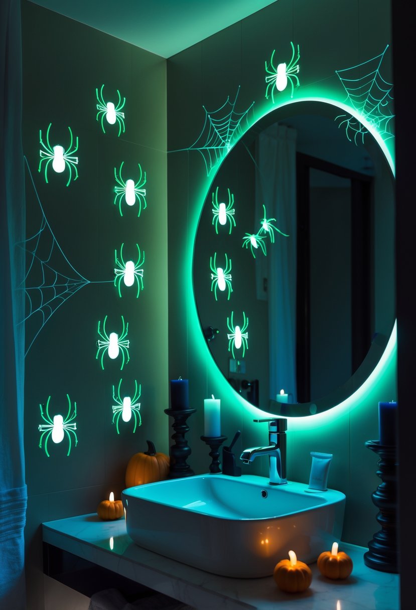 22 Halloween Bathroom Decor Ideas for a Spooky Seasonal Makeover 12 Bathroom with glow-in-the-dark spider decals on walls and mirror, decorated for Halloween with pumpkins and cobwebs.
