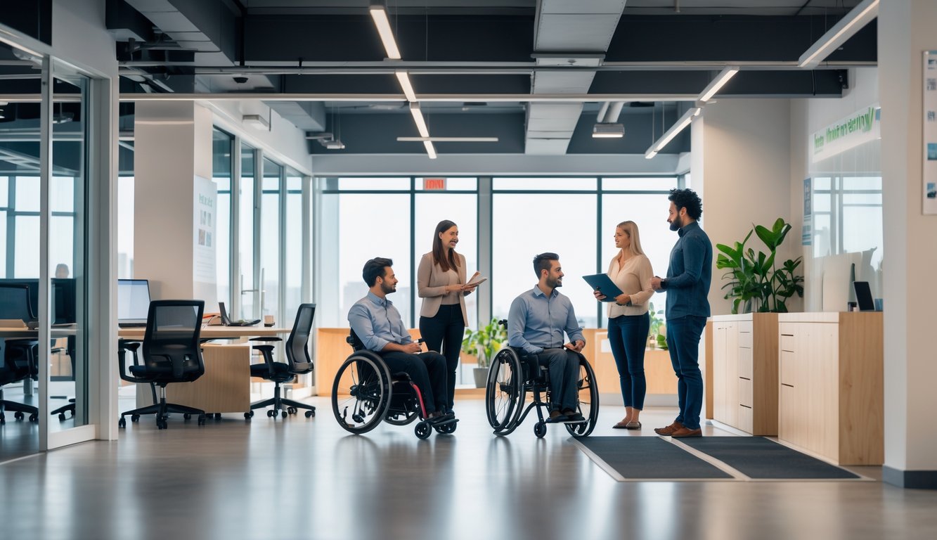 A group of people assessing accessibility features in a modern coworking space, including a man in a wheelchair and a woman with a clipboard.