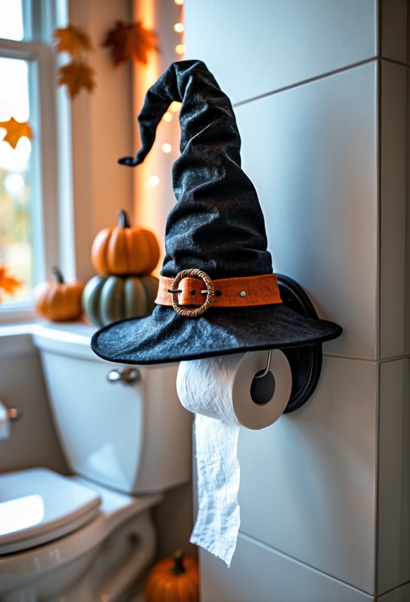22 Halloween Bathroom Decor Ideas for a Spooky Seasonal Makeover 13 A bathroom with a witch hat-shaped toilet paper holder mounted on the wall next to a white toilet, surrounded by small pumpkins and autumn decorations.