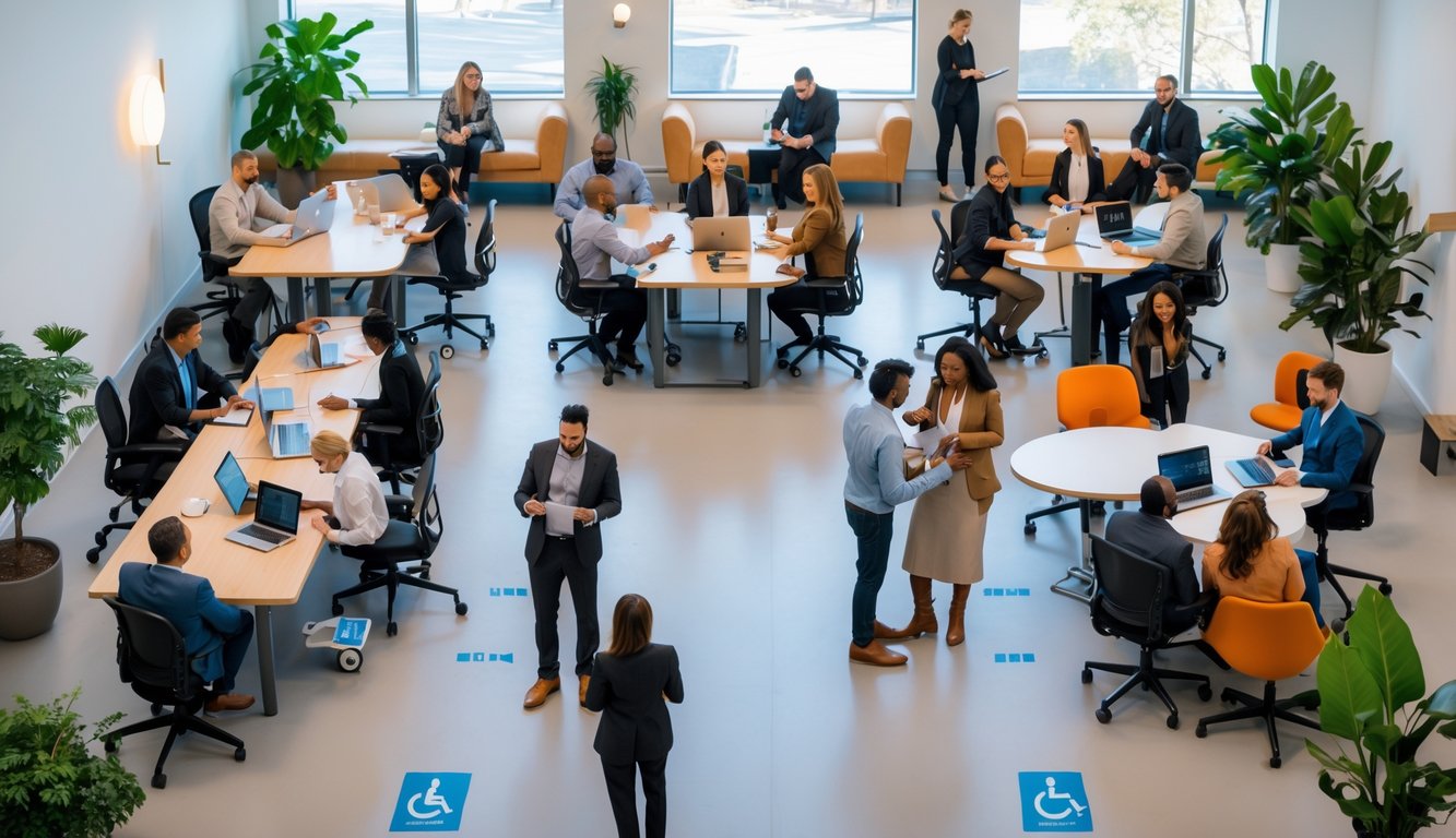 A diverse group of people working together in a bright, accessible coworking space with wide pathways and adjustable desks.