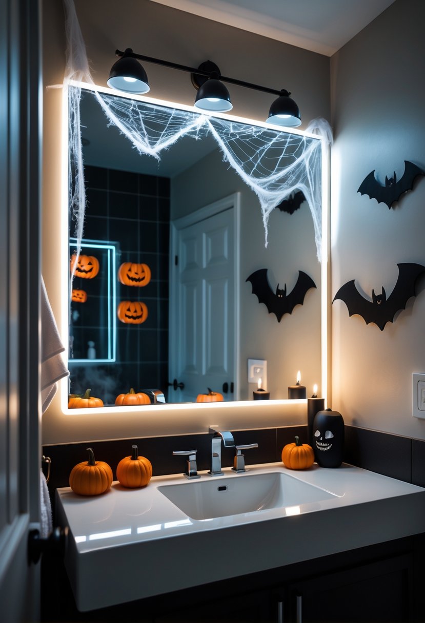 22 Halloween Bathroom Decor Ideas for a Spooky Seasonal Makeover 14 A bathroom vanity area decorated with Halloween items including pumpkins, cobwebs, and black candles, illuminated by eerie vanity lights casting soft shadows.