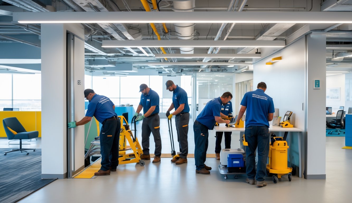 A team of workers updating accessibility features in a modern coworking space with ramps, adjustable desks, and clear pathways.