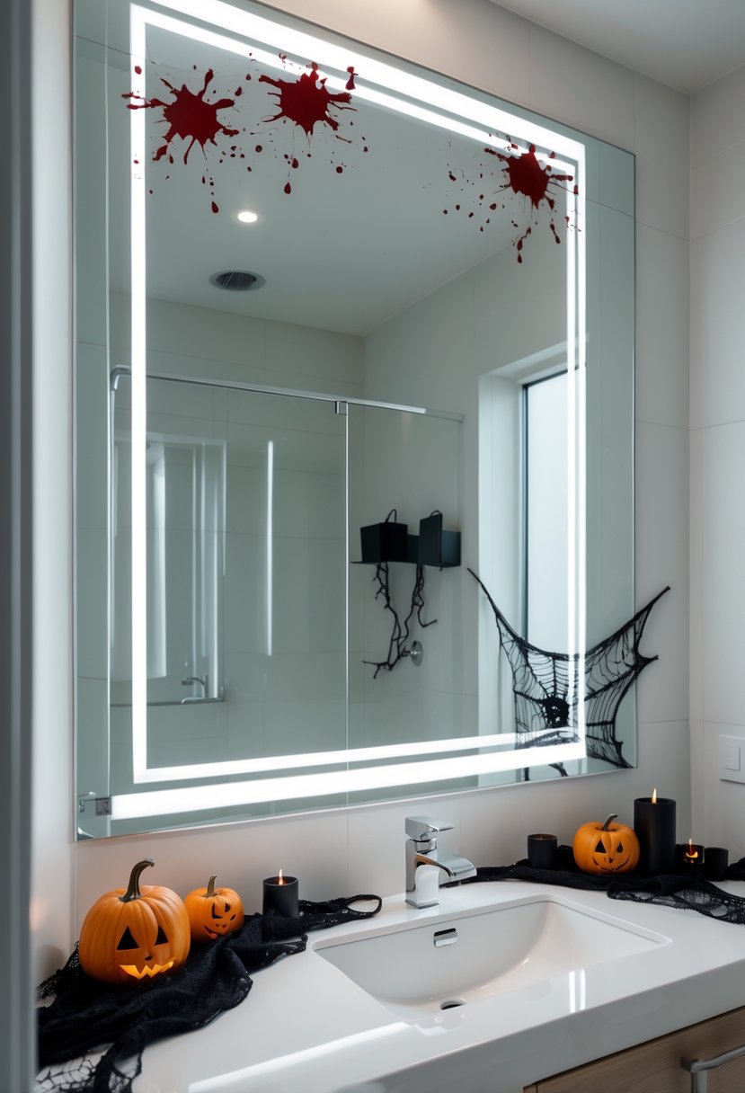 22 Halloween Bathroom Decor Ideas for a Spooky Seasonal Makeover 15 Bathroom mirror with blood splatter decorations and Halloween-themed items on the sink.