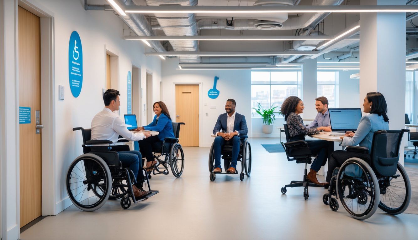 A modern coworking space with diverse professionals, including individuals using wheelchairs, working together in an accessible environment with wide pathways and adjustable desks.