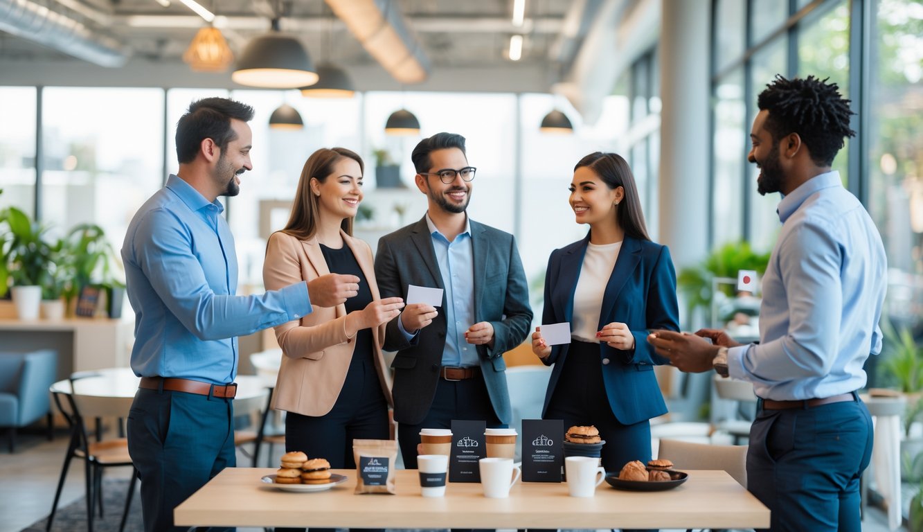 People networking and exchanging business cards in a bright coworking space with local business products displayed nearby.