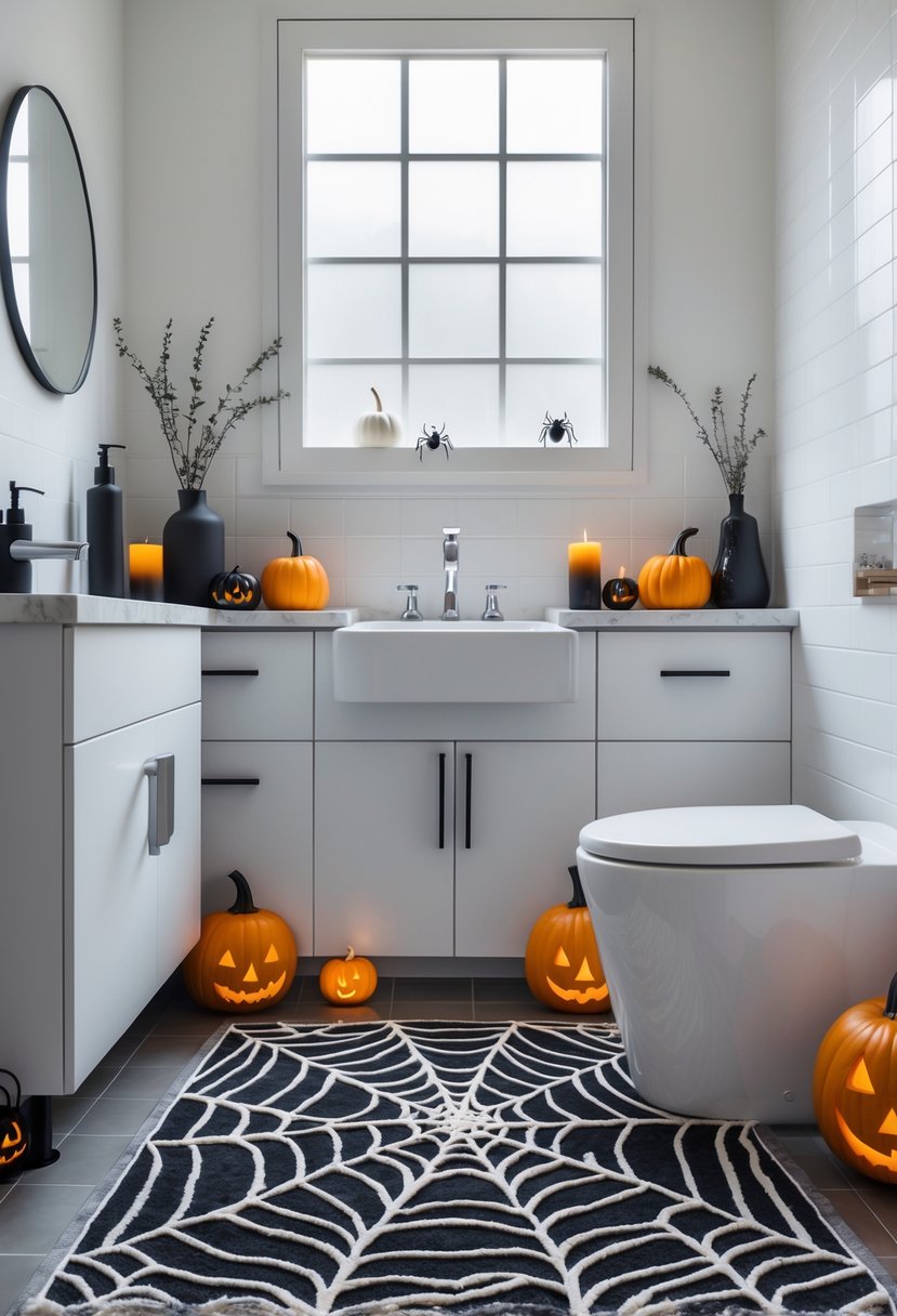 22 Halloween Bathroom Decor Ideas for a Spooky Seasonal Makeover 17 A bathroom with a spider web patterned rug in front of a sink, decorated with small pumpkins and spiders for Halloween.