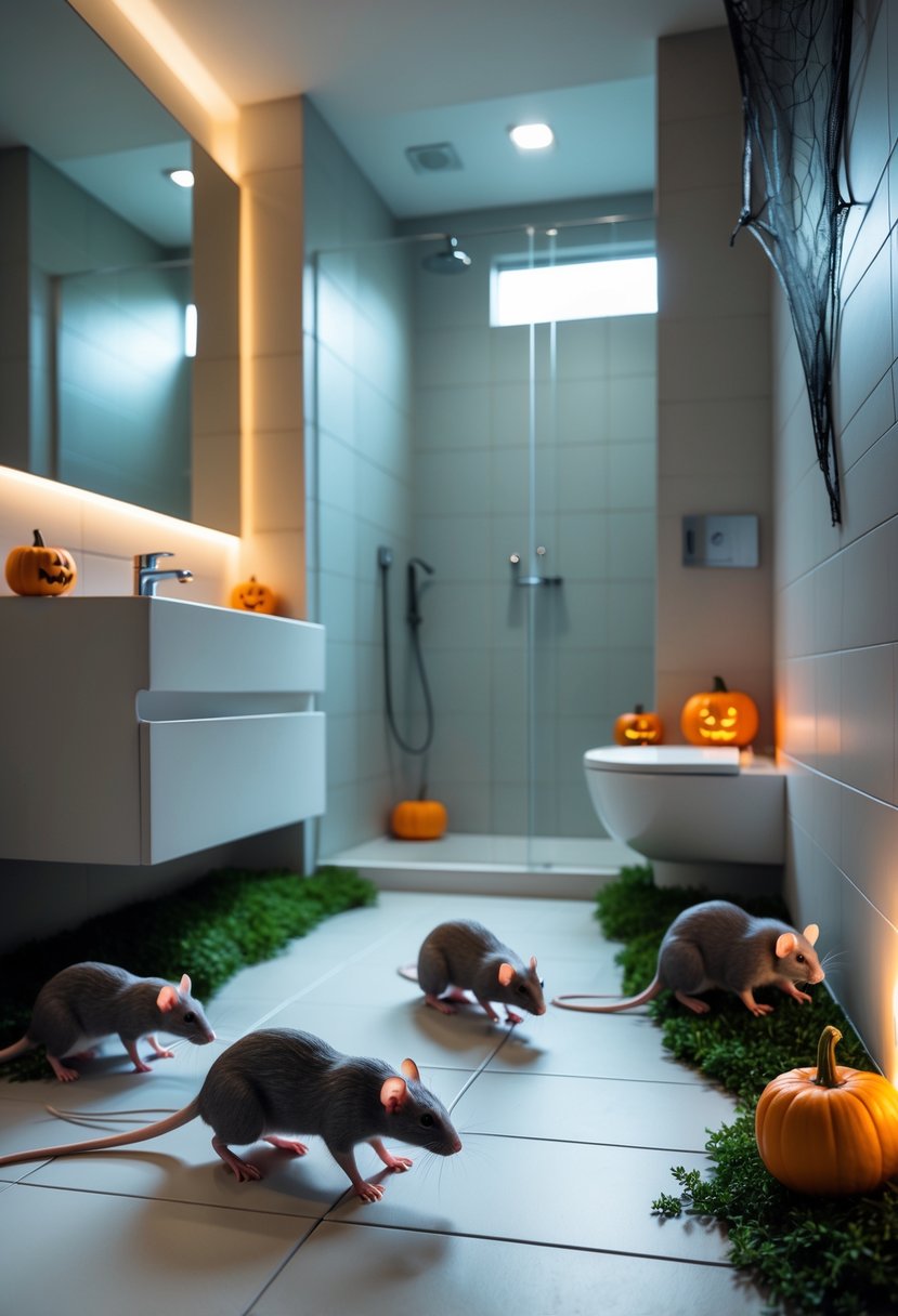22 Halloween Bathroom Decor Ideas for a Spooky Seasonal Makeover 18 A bathroom with white tiles and Halloween decorations including fake rats placed in the corners and small pumpkins on the floor.