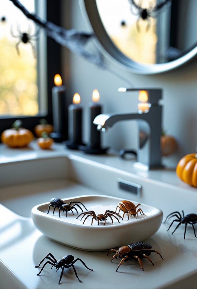 22 Halloween Bathroom Decor Ideas for a Spooky Seasonal Makeover 19 A soap dish on a bathroom sink holds several realistic creepy crawlies with Halloween decorations visible in the background.