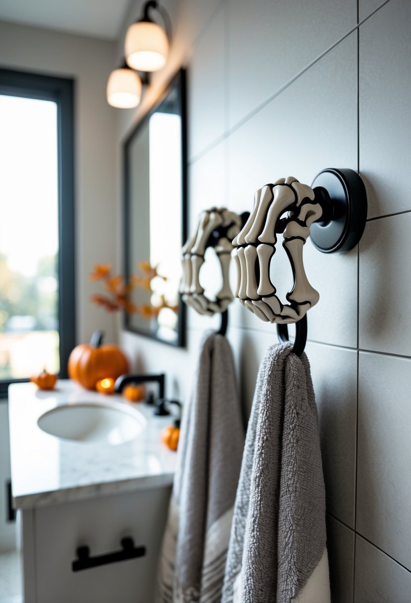 22 Halloween Bathroom Decor Ideas for a Spooky Seasonal Makeover 20 A bathroom wall with skeleton hand towel hooks holding towels, with Halloween decorations on the countertop.