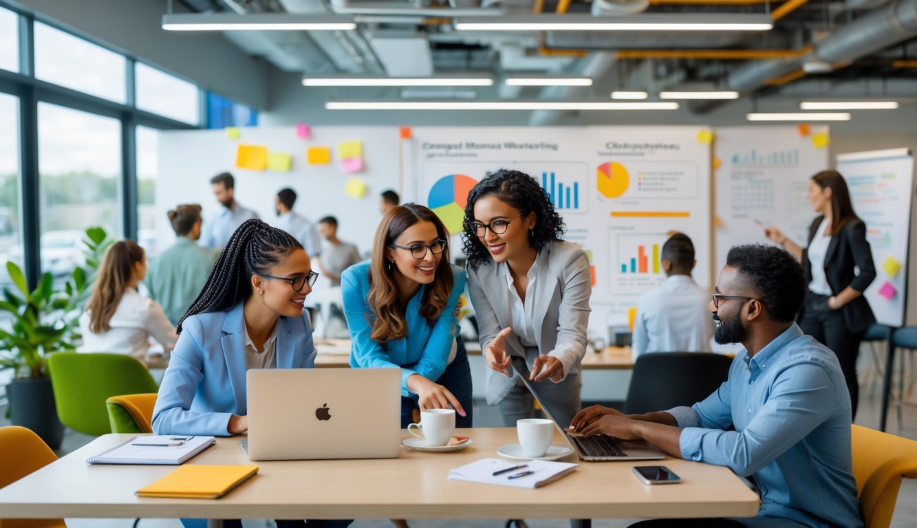 People collaborating and working together in a bright, modern coworking space with laptops, notebooks, and whiteboards.