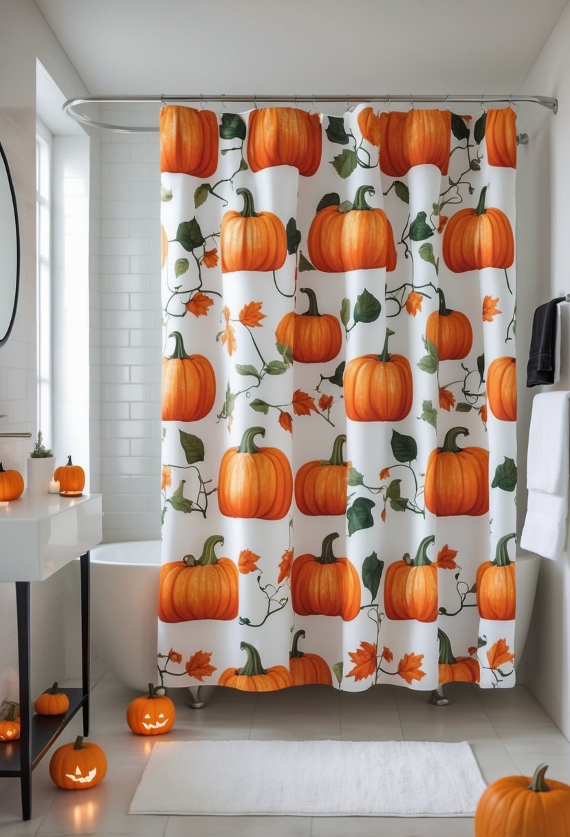 22 Halloween Bathroom Decor Ideas for a Spooky Seasonal Makeover 21 A bathroom with a pumpkin-themed shower curtain and Halloween decorations including small pumpkins and autumn accents.