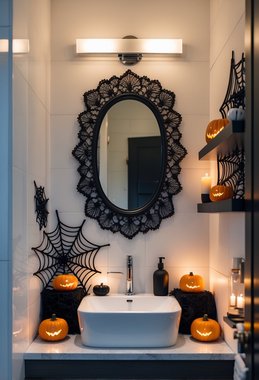 22 Halloween Bathroom Decor Ideas for a Spooky Seasonal Makeover 22 Bathroom with a black lace framed mirror above a sink, decorated with small pumpkins, black candles, and spiderweb accents for Halloween.