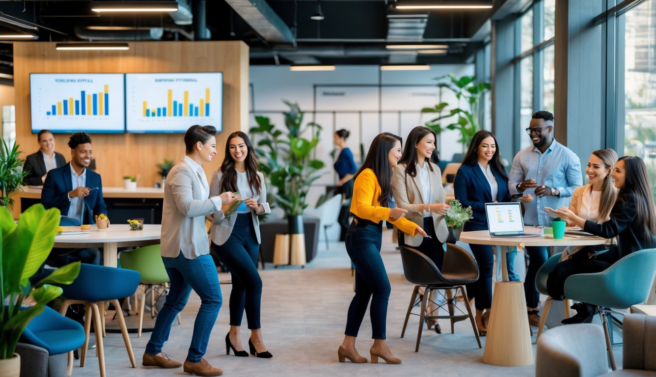People networking and collaborating inside a modern coworking space with large windows and contemporary furniture.