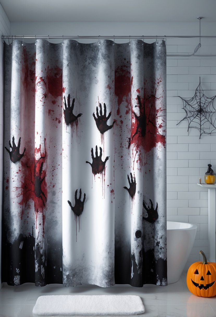22 Halloween Bathroom Decor Ideas for a Spooky Seasonal Makeover 23 Bathroom with a shower curtain showing a bloody murder scene design and Halloween decorations.
