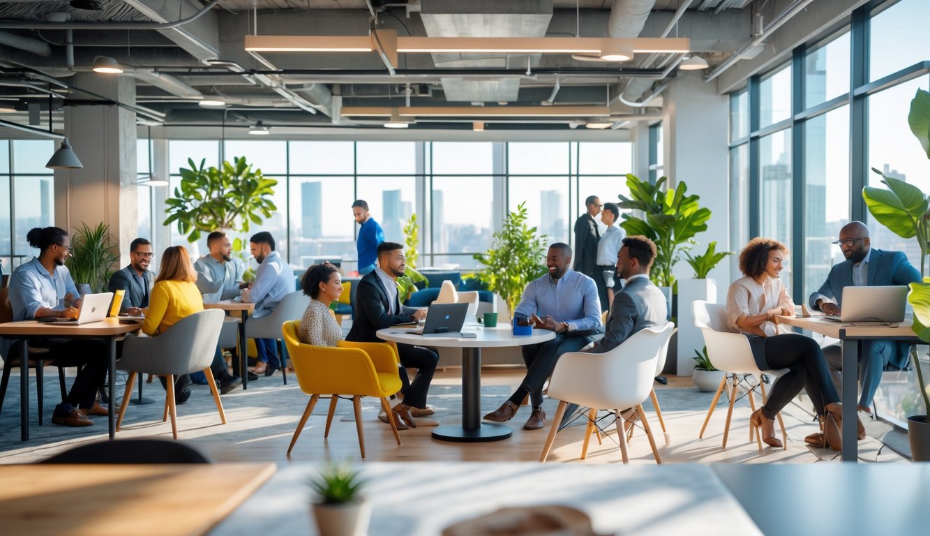 A modern coworking space with people working individually and collaborating in groups at desks and seating areas.