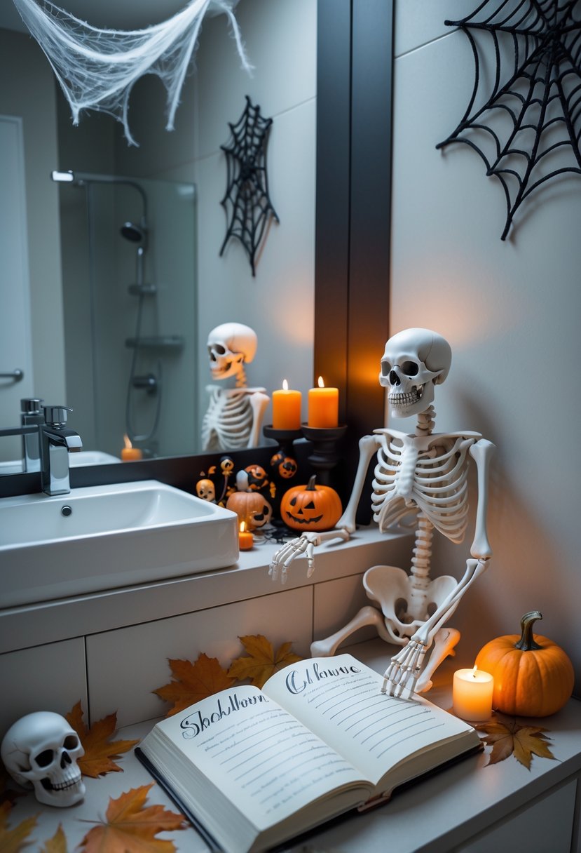 22 Halloween Bathroom Decor Ideas for a Spooky Seasonal Makeover 24 A bathroom countertop with an open guestbook surrounded by Halloween decorations and a life-sized skeleton figure nearby.