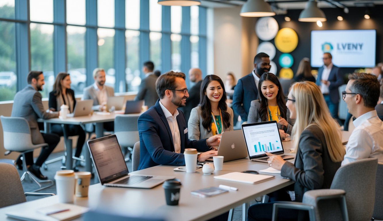 A group of professionals networking and collaborating in a modern coworking space during an event.