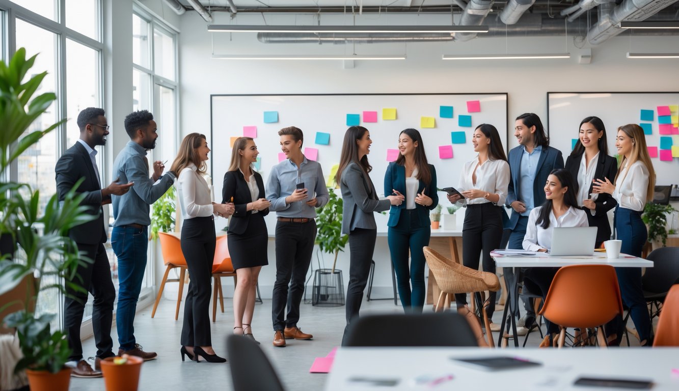 A diverse group of professionals networking and collaborating in a bright, modern coworking space.