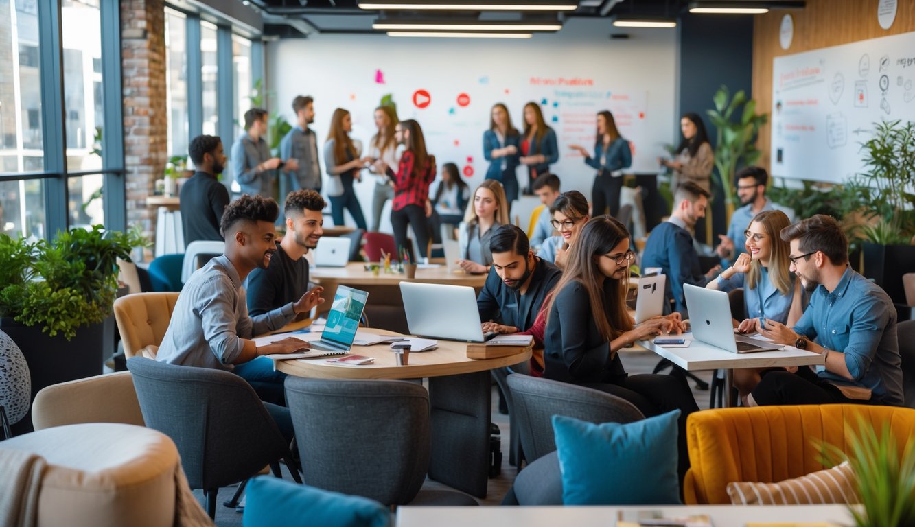 A modern coworking space with diverse professionals collaborating, using laptops and smartphones, and creating content together.