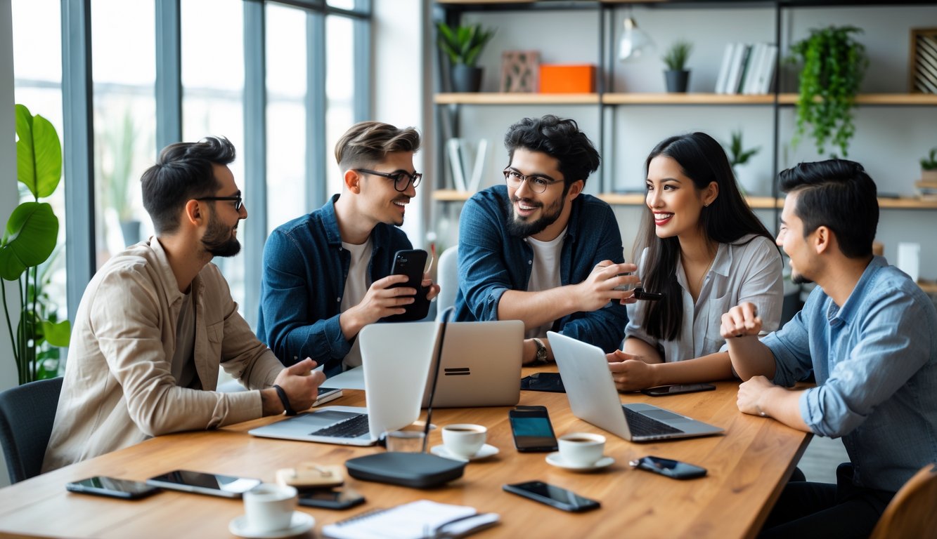 A group of young people collaborating and recording content together inside a modern coworking space.