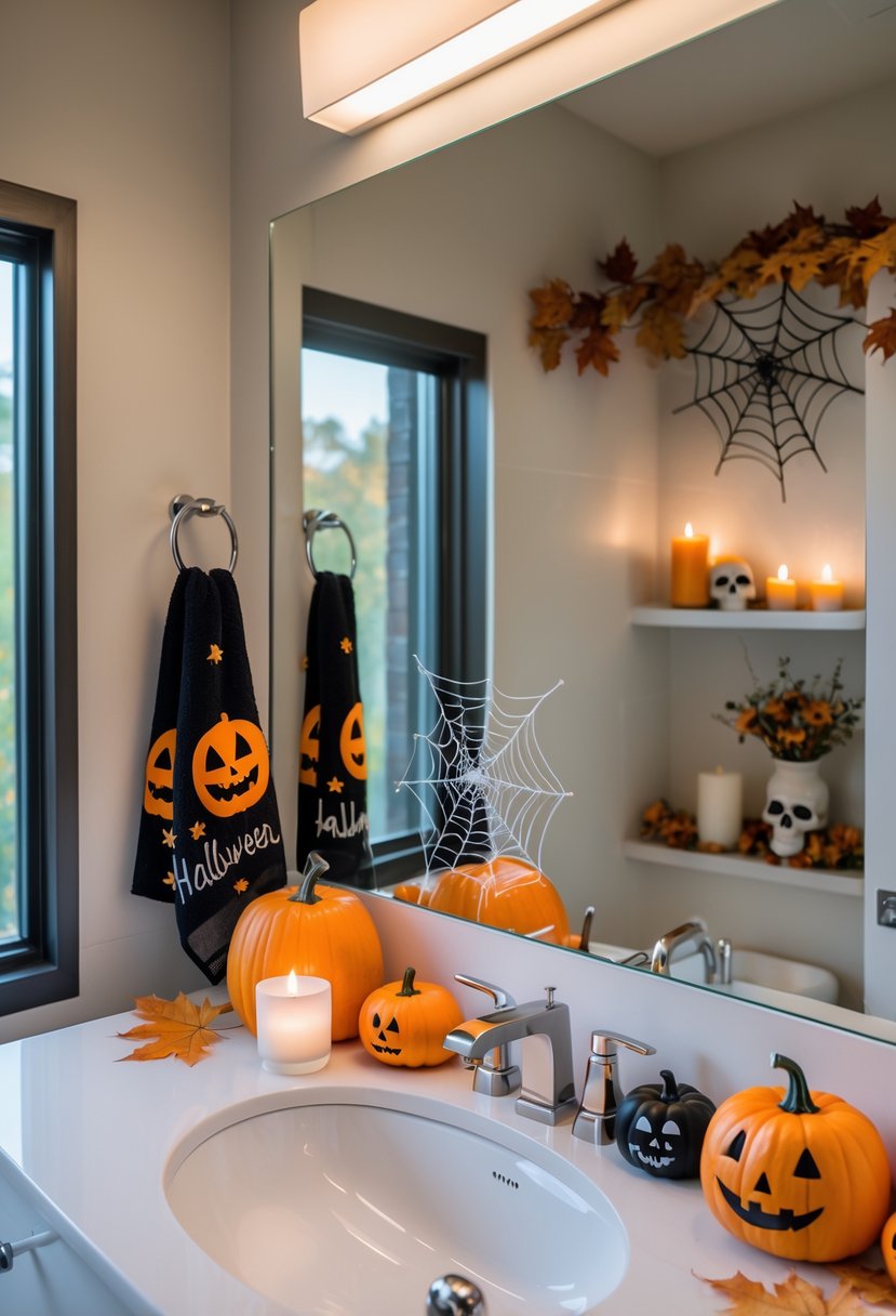 22 Halloween Bathroom Decor Ideas for a Spooky Seasonal Makeover 26 A modern bathroom decorated with small pumpkins, candles, autumn leaves, a Halloween-themed hand towel, and a decorative spider web on the mirror.
