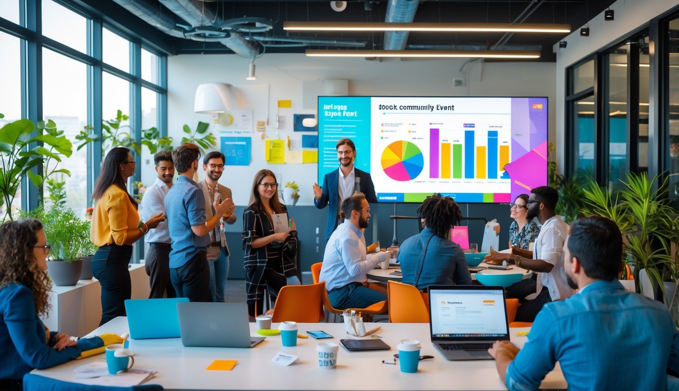 People interacting and attending a workshop in a bright, modern coworking space with large windows and plants.