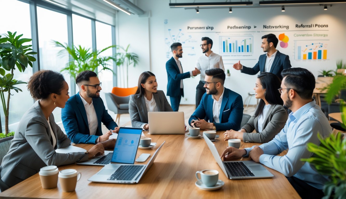 A group of professionals collaborating around a table in a bright coworking space, discussing ideas with laptops and tablets.