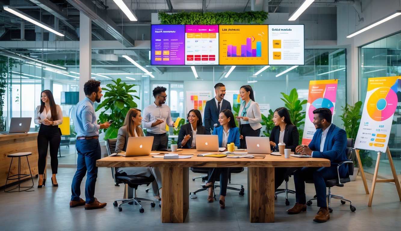 People collaborating and networking in a modern coworking space with laptops and promotional materials.