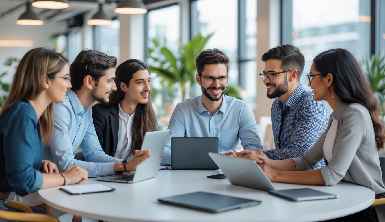 A group of young professionals collaborating around a table in a modern coworking space, discussing ideas with laptops and tablets.