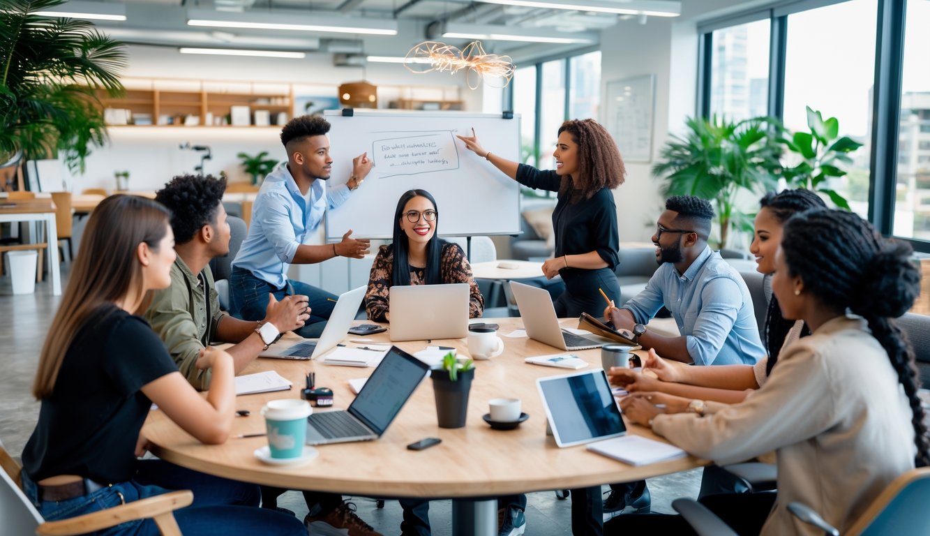 A group of young people collaborating around a table in a bright coworking space, using laptops and tablets during a brainstorming session.