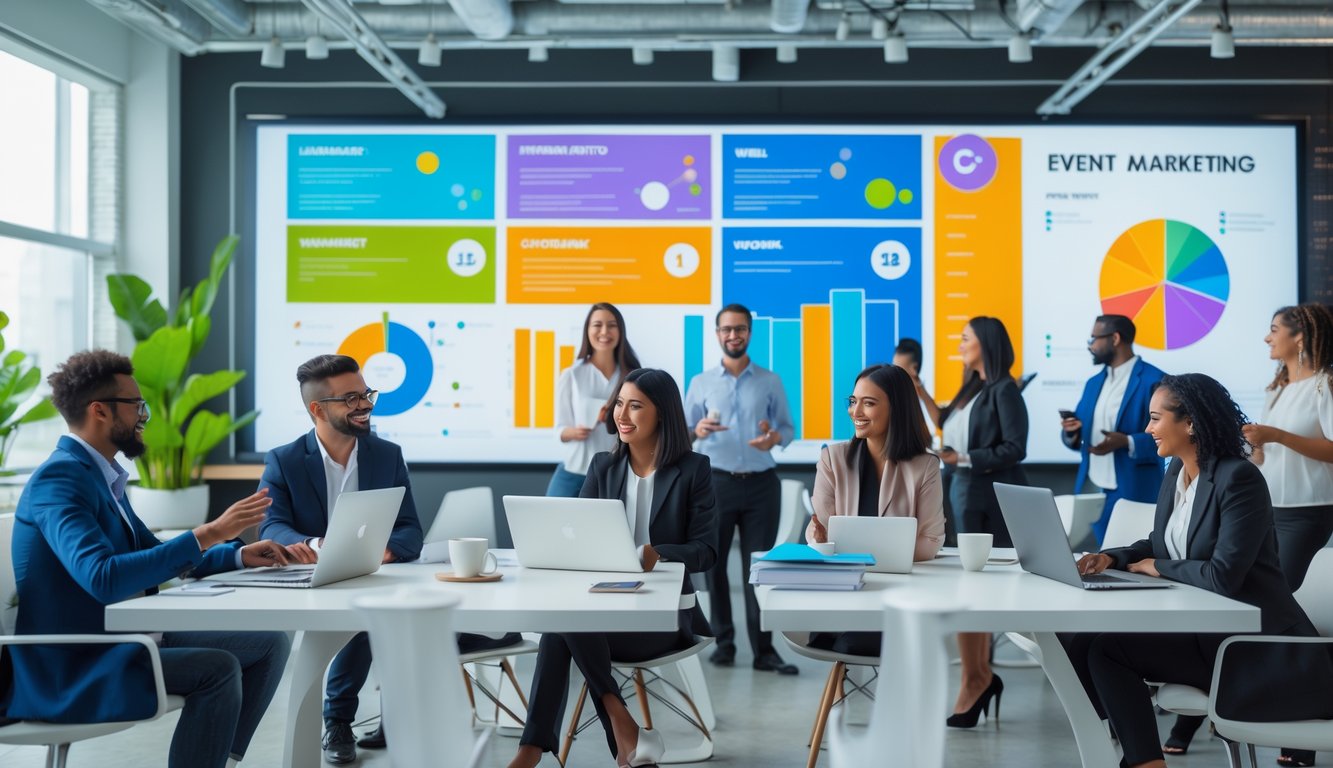 People networking and collaborating in a modern coworking space with a large screen showing charts in the background.