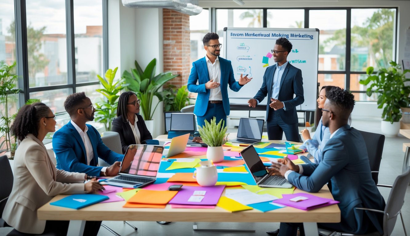 A group of professionals collaborating around a table in a bright coworking space with laptops and marketing materials.
