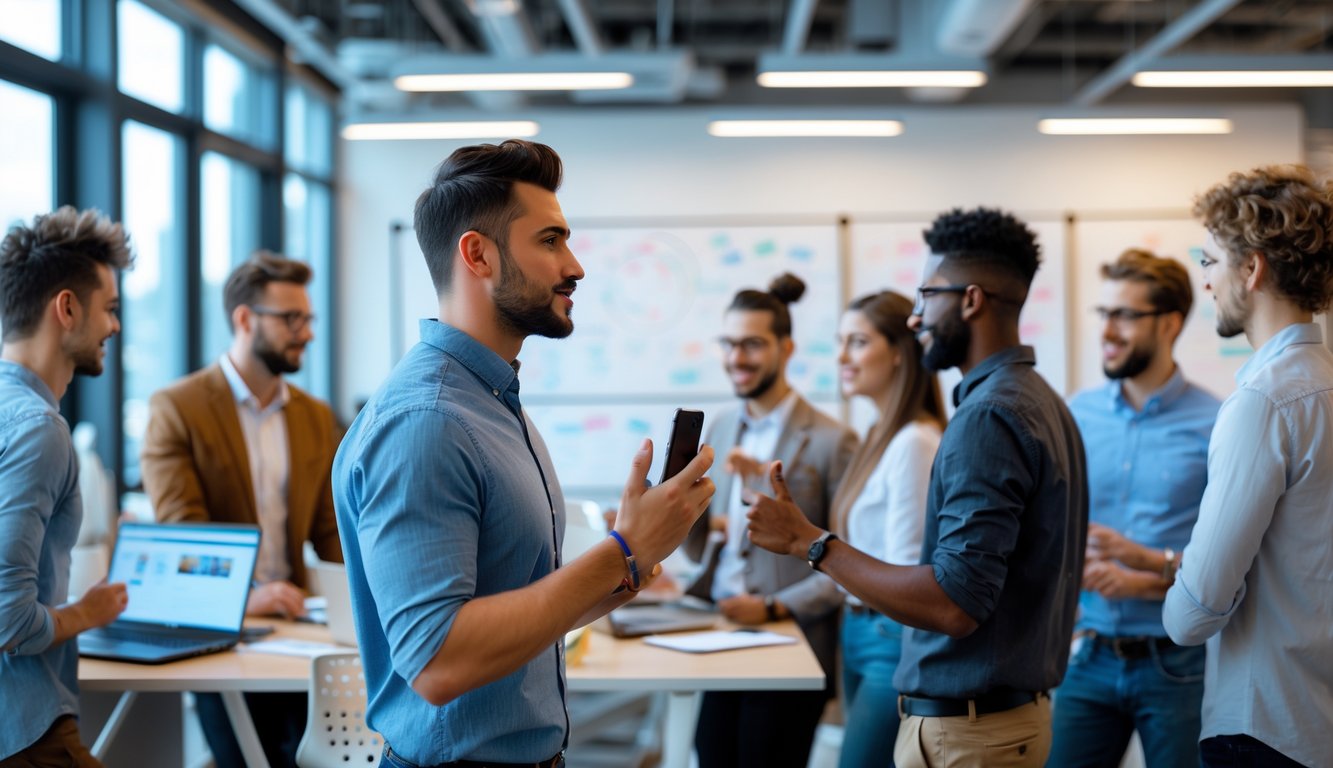 A group of young professionals collaborating in a modern coworking space while an influencer speaks and gestures, with others working on laptops and brainstorming in the background.