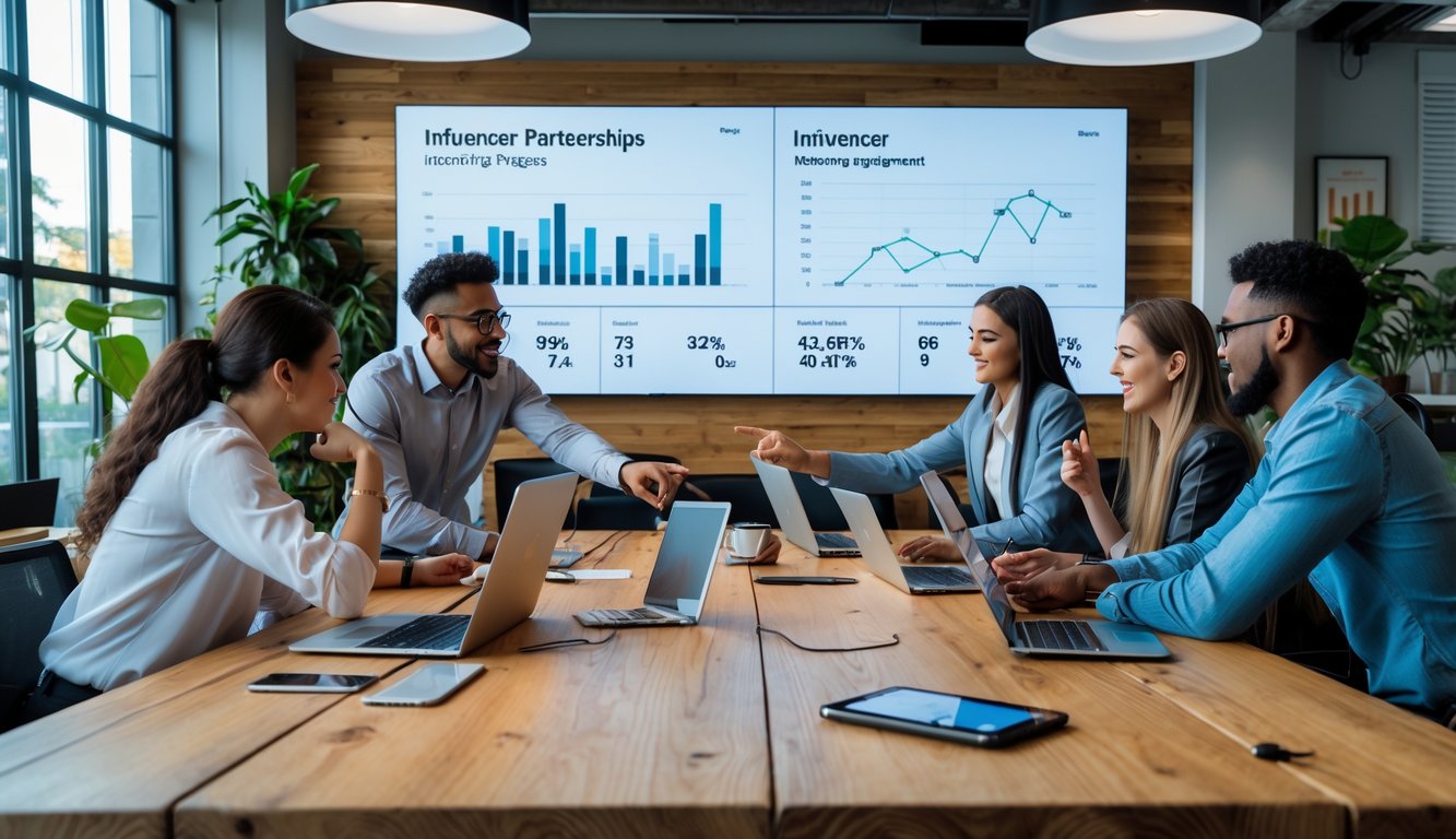 A group of diverse professionals collaborating in a modern coworking space with laptops and digital devices displaying charts and social media data.