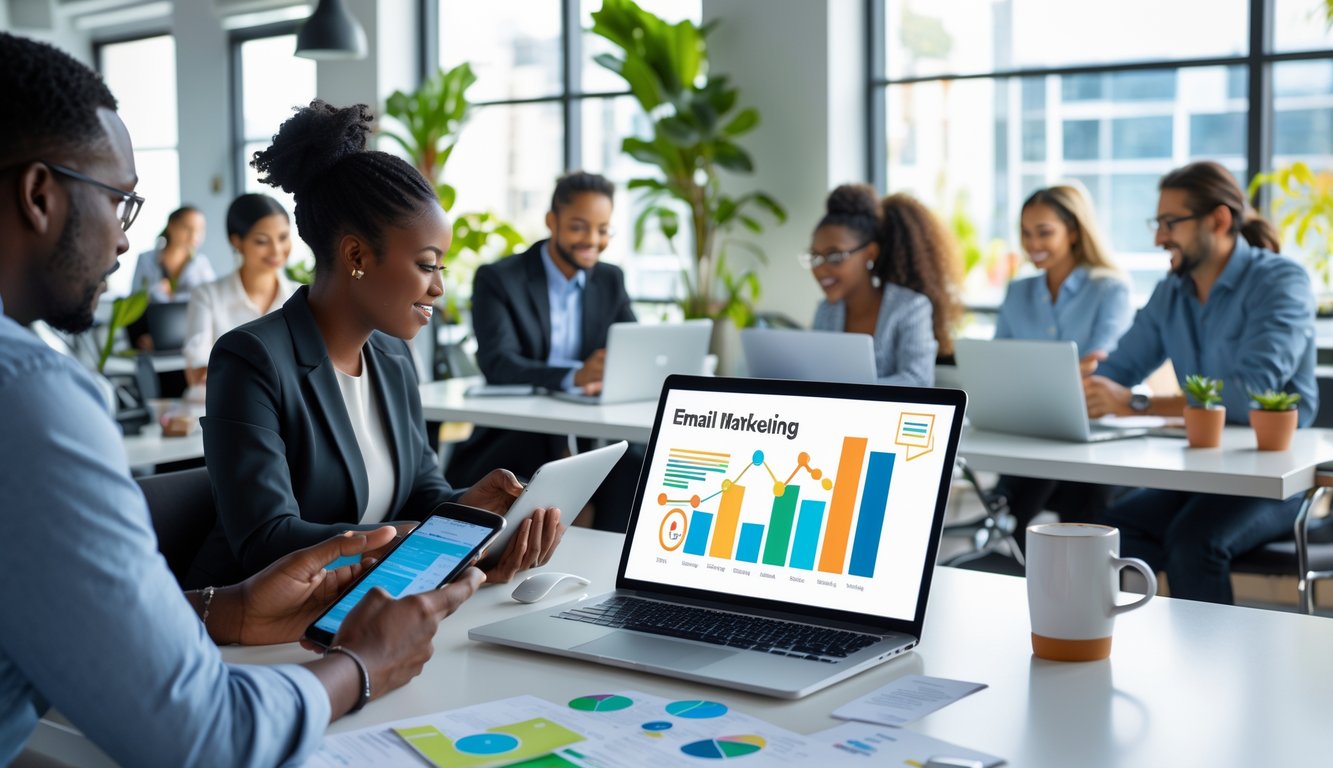 People working together in a bright coworking space with laptops and smartphones, focusing on digital communication and teamwork.