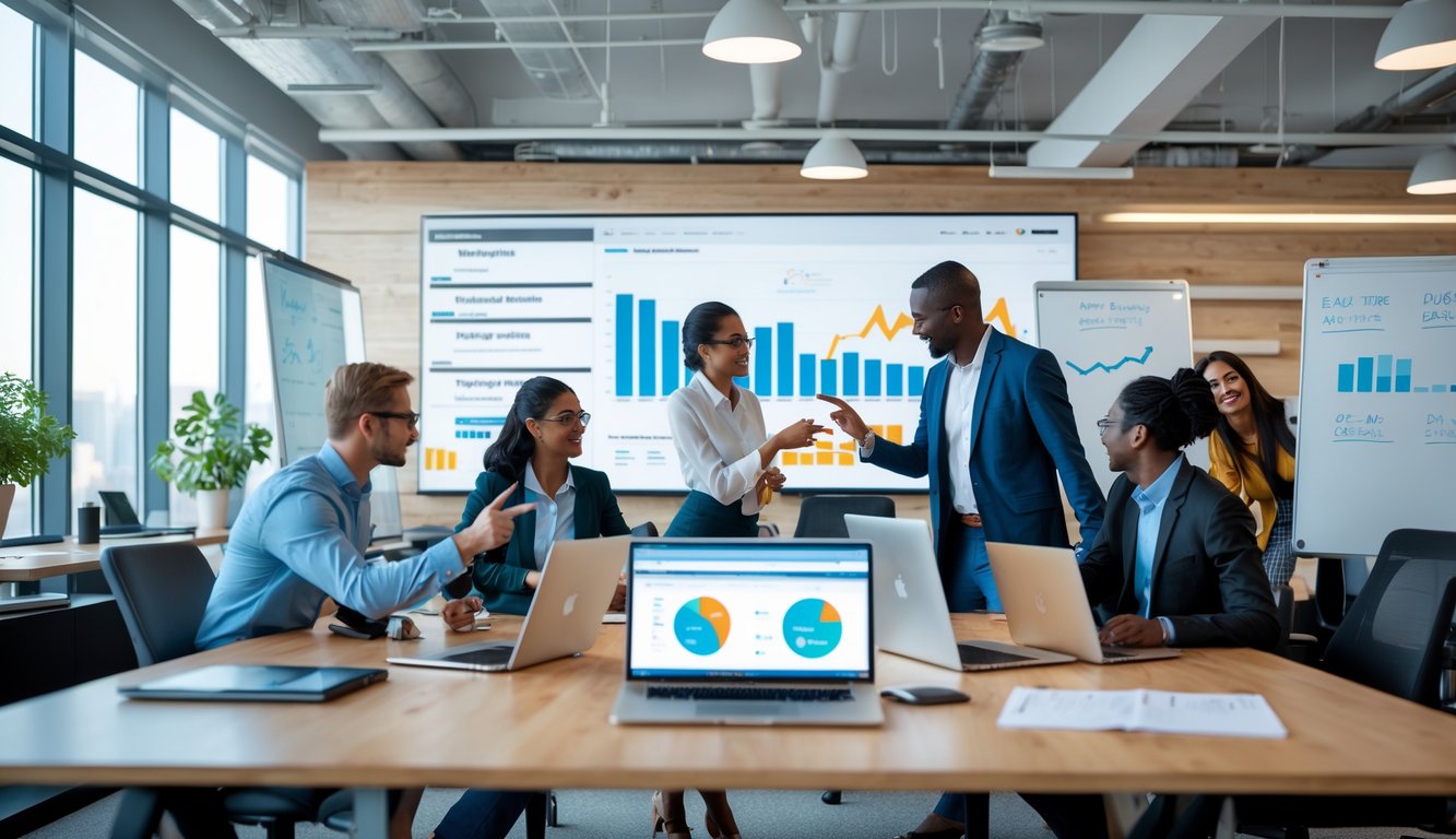 A group of people working together in a modern coworking space, collaborating on laptops and discussing ideas.