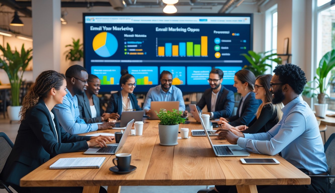 People working together around a table in a bright coworking space with laptops and digital screen showing charts in the background.