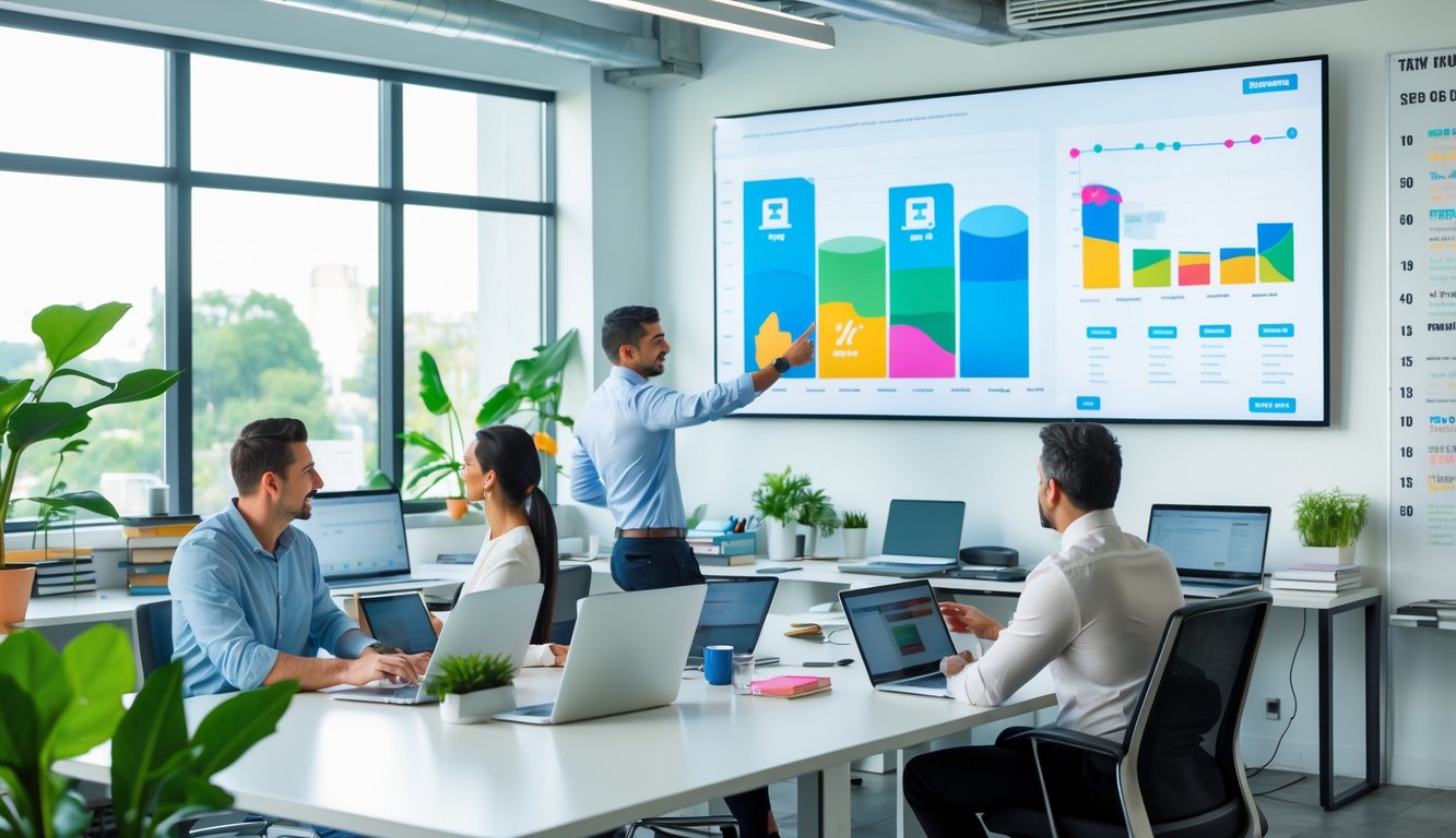 People working in a bright coworking space with a digital screen showing charts and graphs related to SEO.