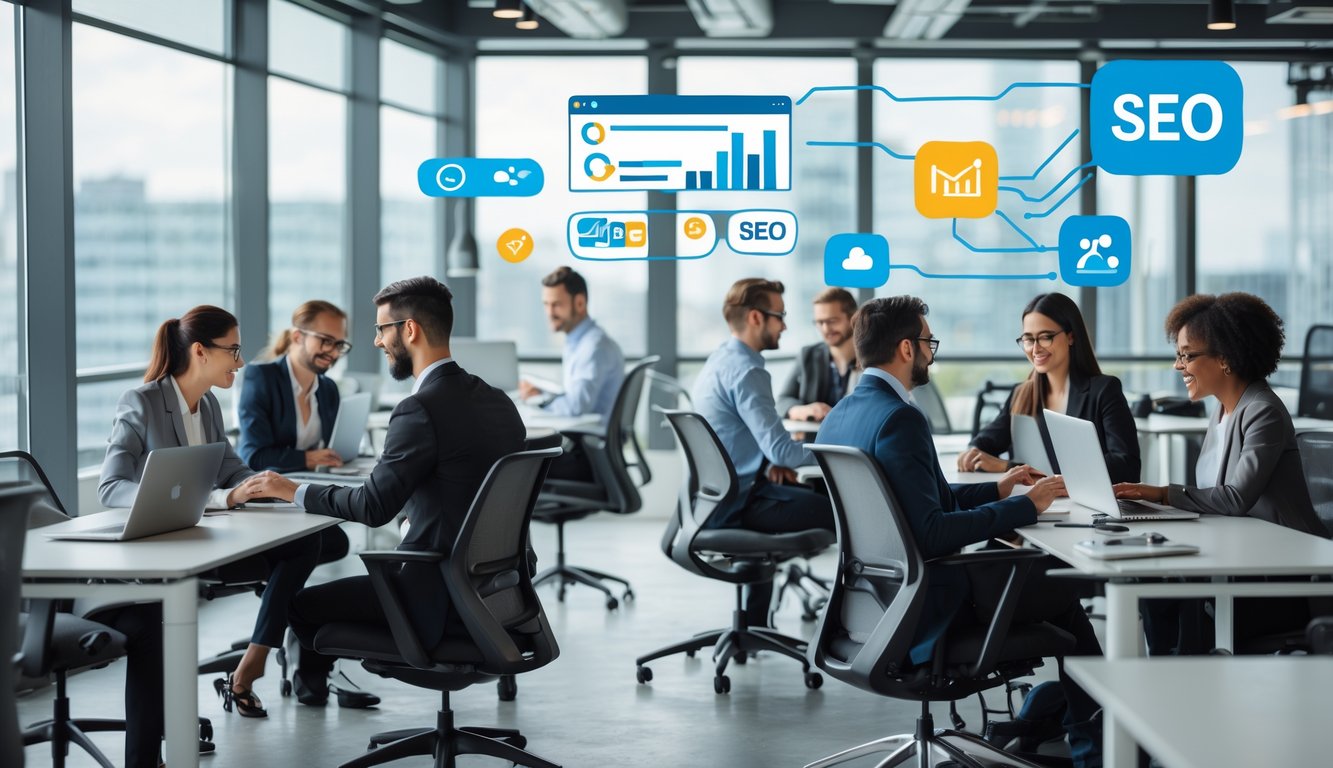 People working and collaborating in a bright, modern coworking space with laptops and digital devices.