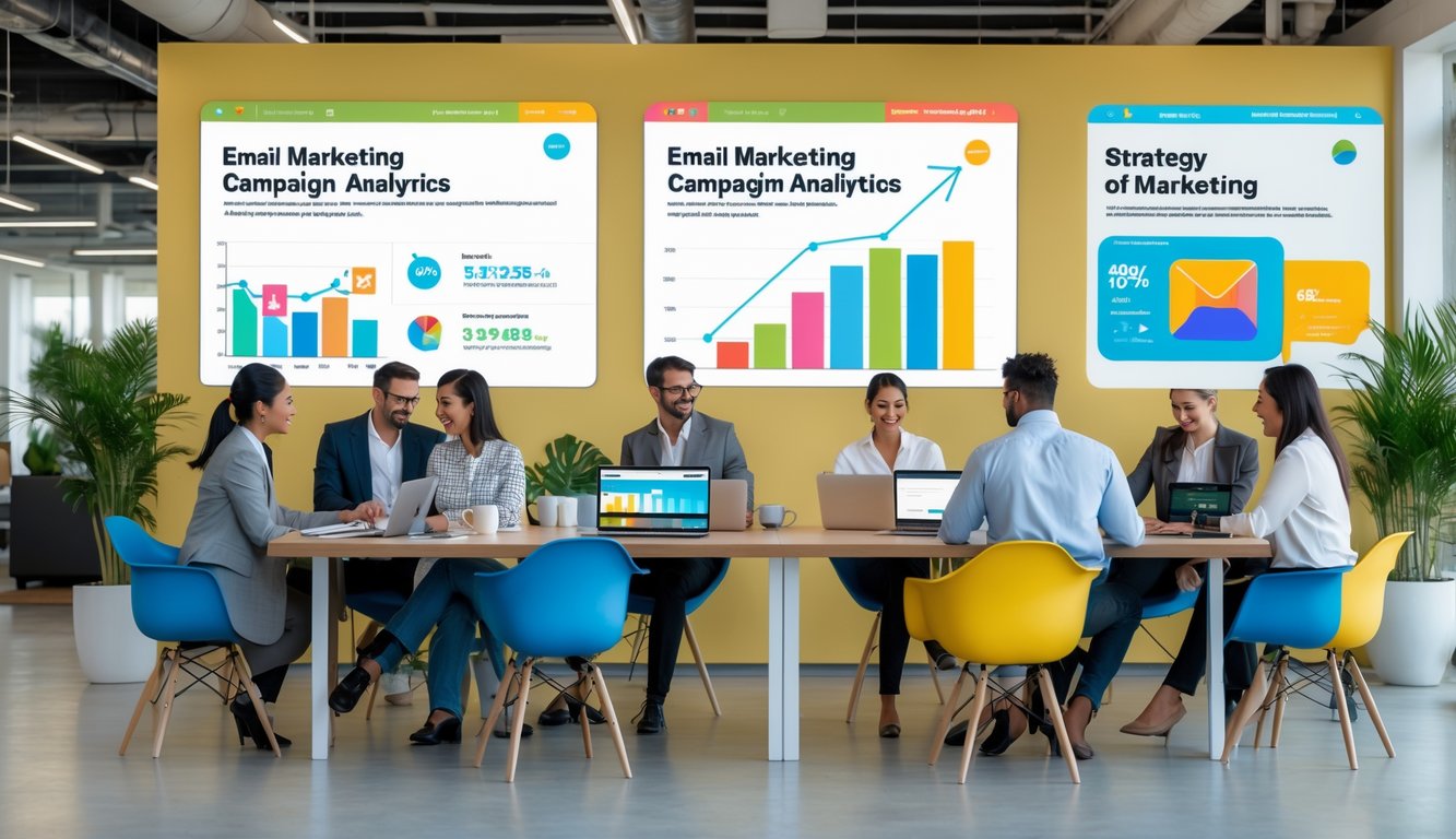 People collaborating in a modern coworking space with laptops and digital screens showing marketing data.